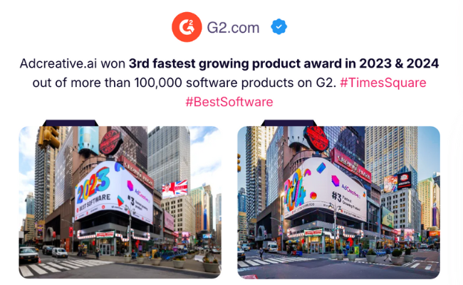 AdCreative.AI third fastest growing product award by G2