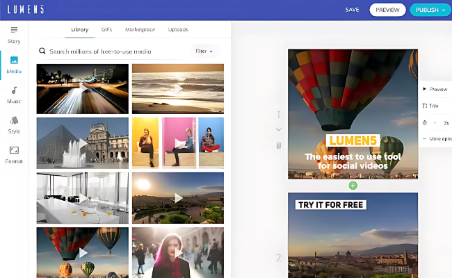 lumen5 search million of free to use media