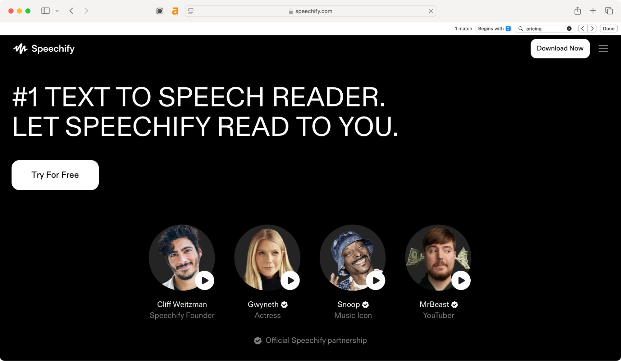 Speechify homepage.