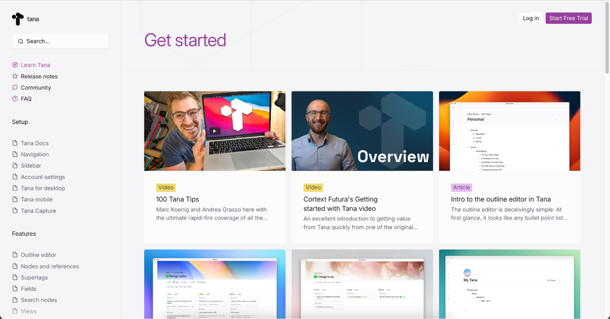 Tana learning page to teach users how to use Tana.