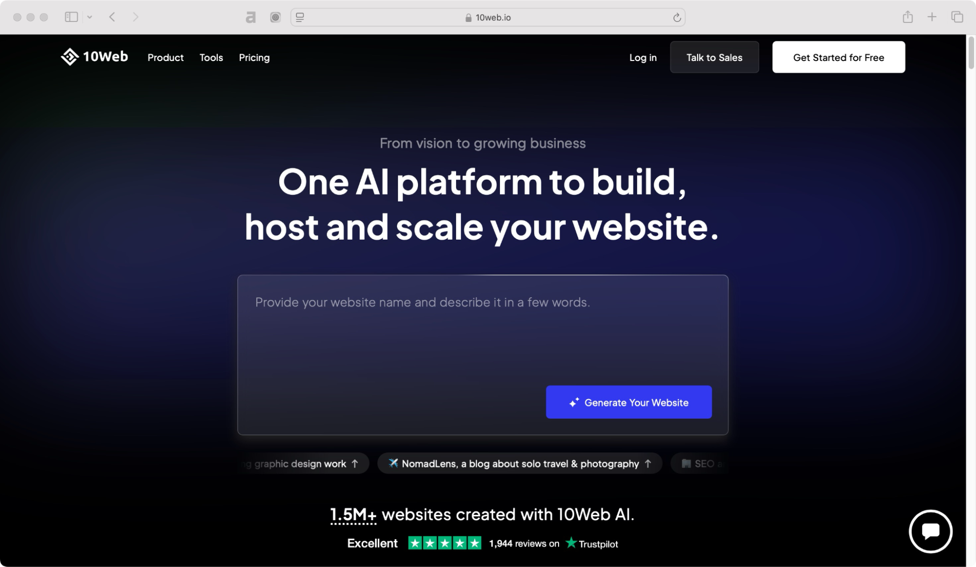 10Web homepage — best AI website builders.