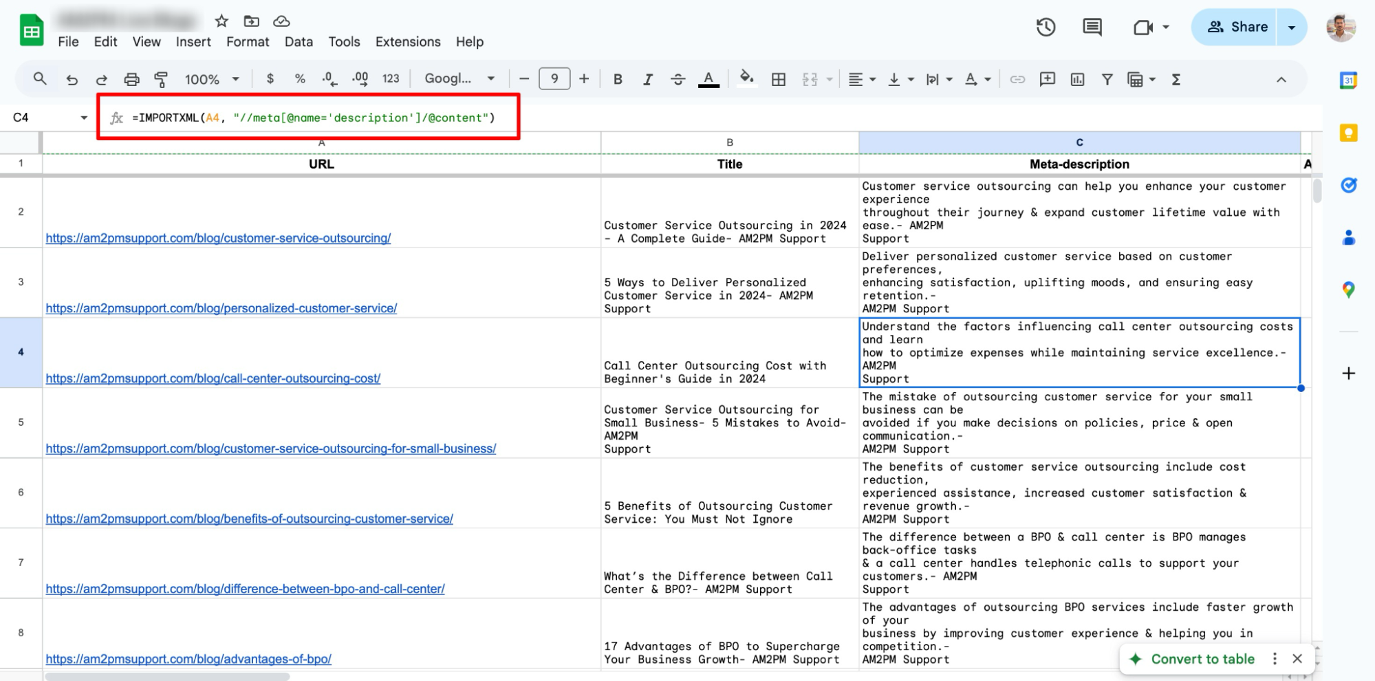 I used ChatGPT to create an Excel formula that extracts meta titles and descriptions from URLs.