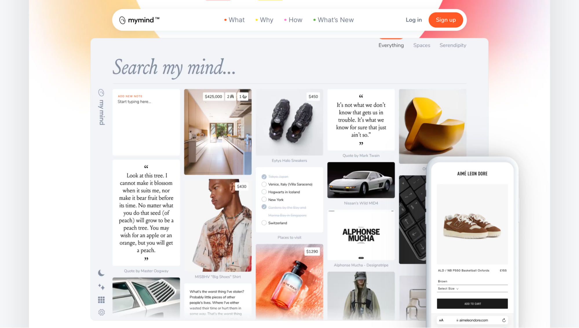MyMind homepage - uses of AI in daily life.