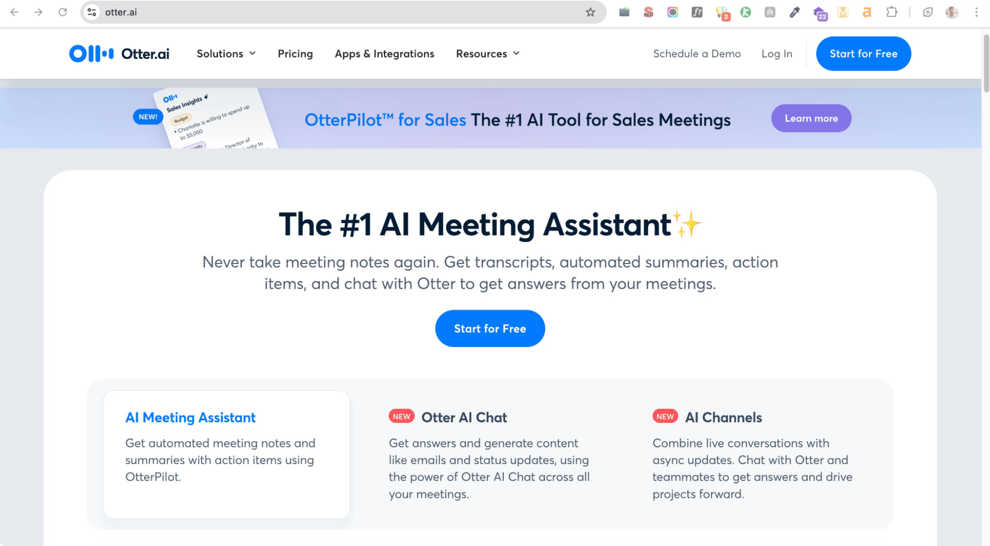 Otter AI homepage – AI uses in daily life.