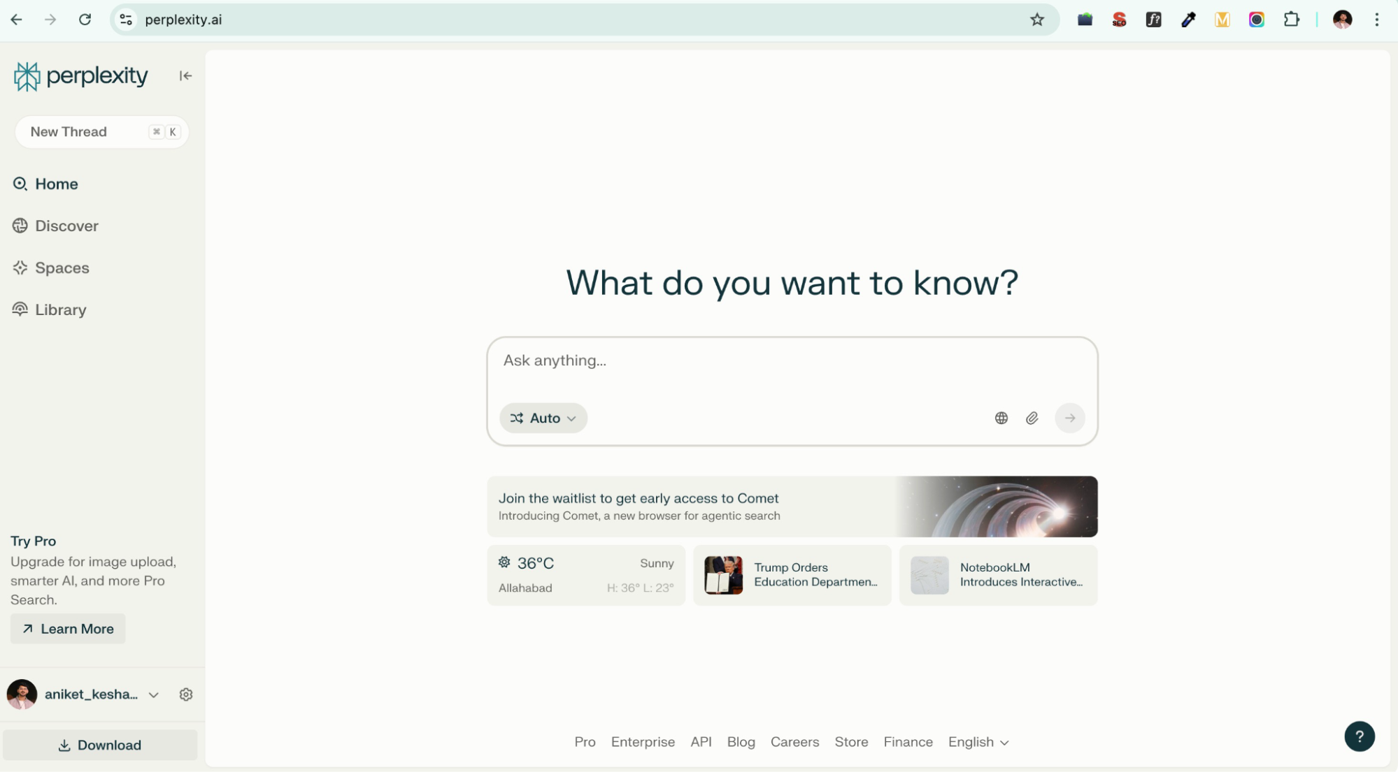 Perplexity AI homepage – AI uses in daily life.